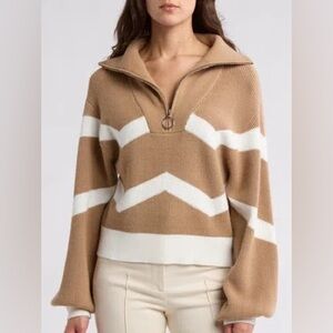 Laundry by Shelli Segal Half Zip Chevron Pattern Pullover in Camel & Ivory